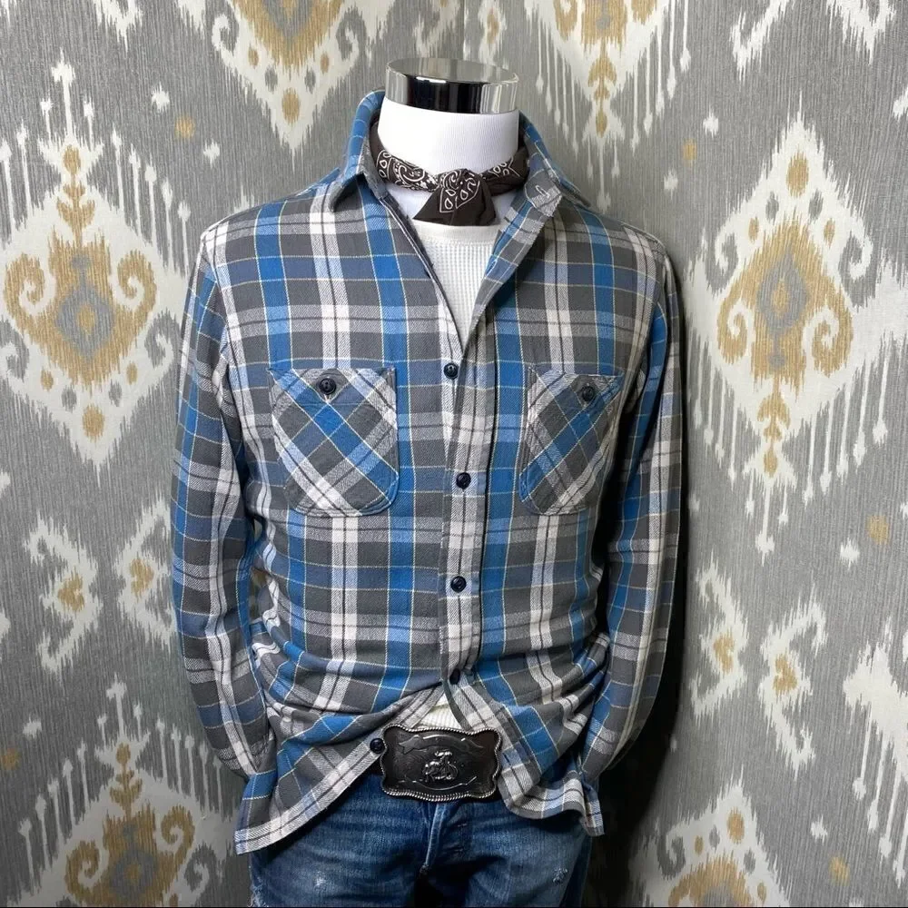 Polo Ralph Lauren Gray & Blue Plaid Cotton Flannel Button Up Shirt